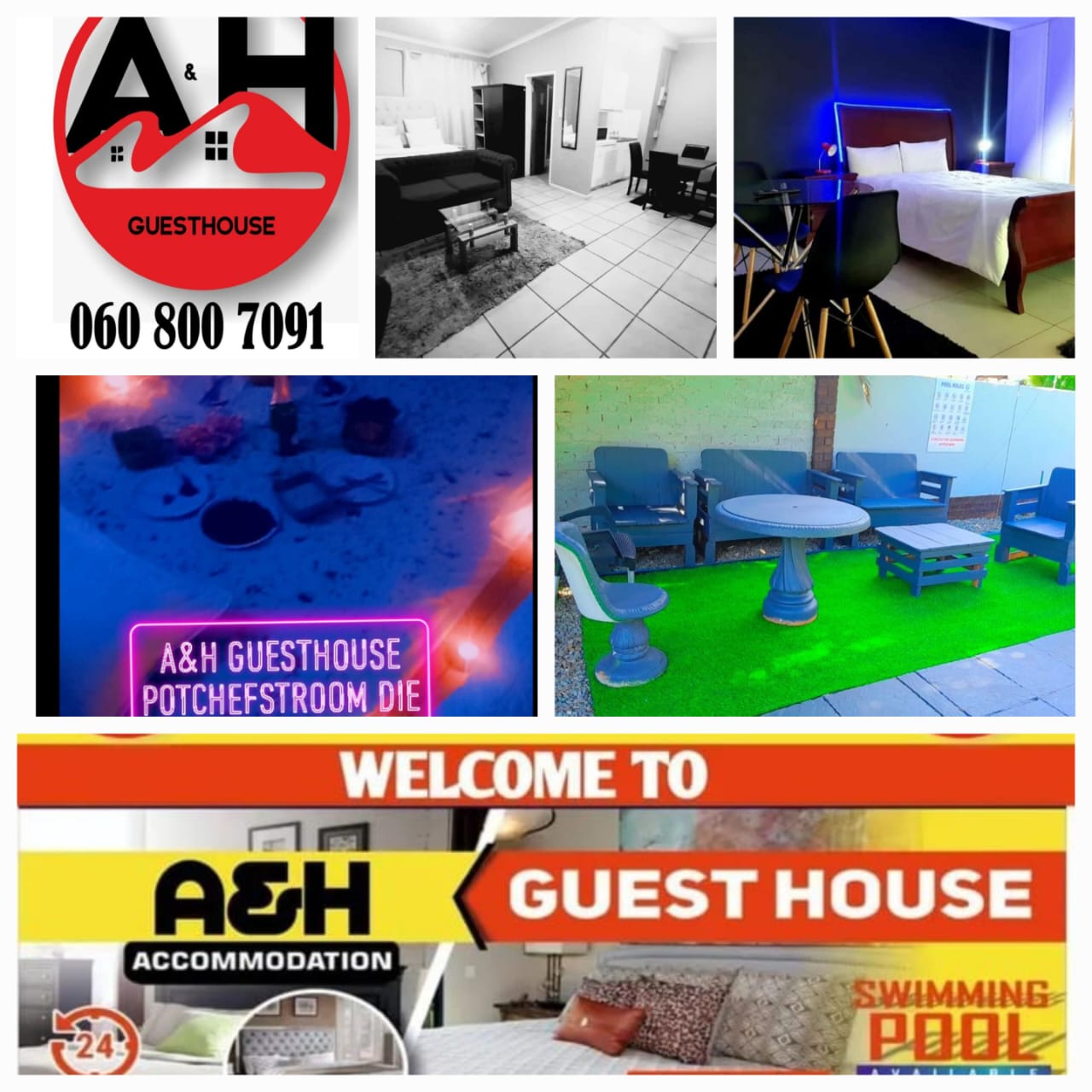A and H GUEST HOUSE A & H Guest house potchefstroom Die Bult  Affordable Accommodation in Potchefstroom - Full Equipped Self Catering - Free WiFi - Dstv - Swimming Pool - Secure Parking Prices: * R150 - R200 (3hrs) * R300 - R400 (Per Night) Address: 6 Esselen Street, Potchefstroom, 2520 Call or WhatsApp us BOOK DIRECTLY WITH US TODAY FOR YOUR NEXT STAY